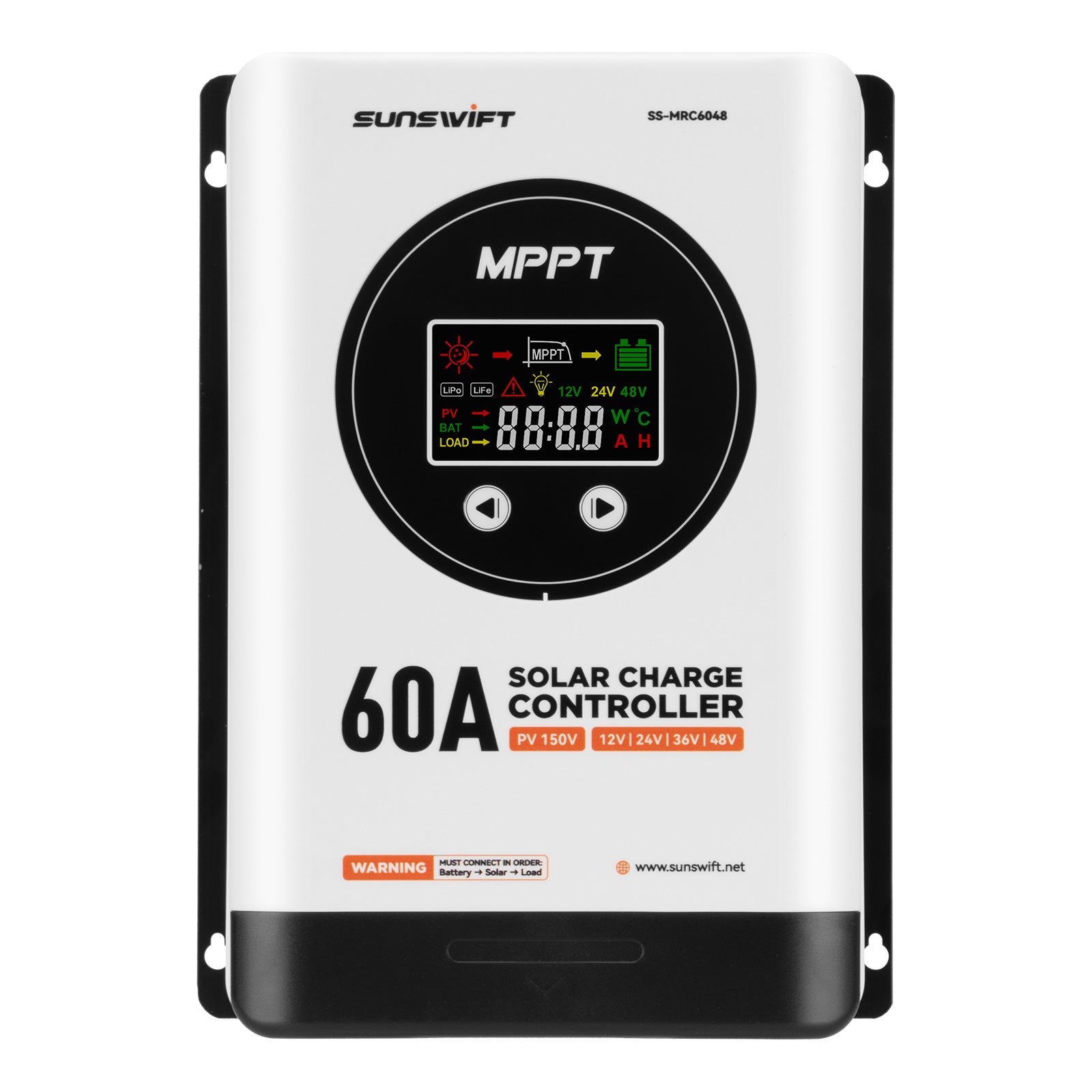 MPPT Solar Charge Controller 12V/24V/36V/48V 60A Max 150V Input, Multi-Functional Solar Controller,Long-Life Compatible with Multiple Types of Batteries for RV, Boat, Off-Grid Cabin