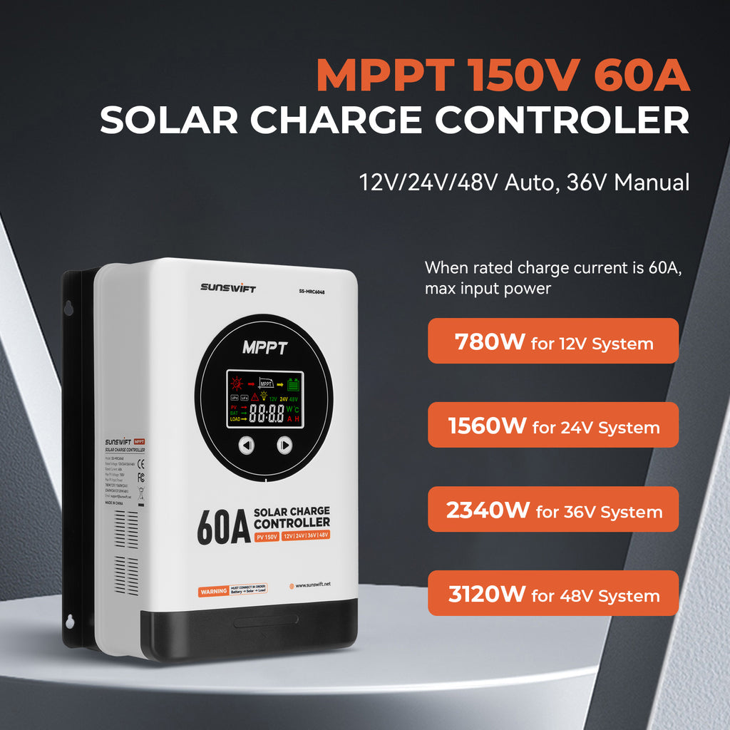 MPPT Solar Charge Controller 12V/24V/36V/48V 60A Max 150V Input, Multi-Functional Solar Controller,Long-Life Compatible with Multiple Types of Batteries for RV, Boat, Off-Grid Cabin