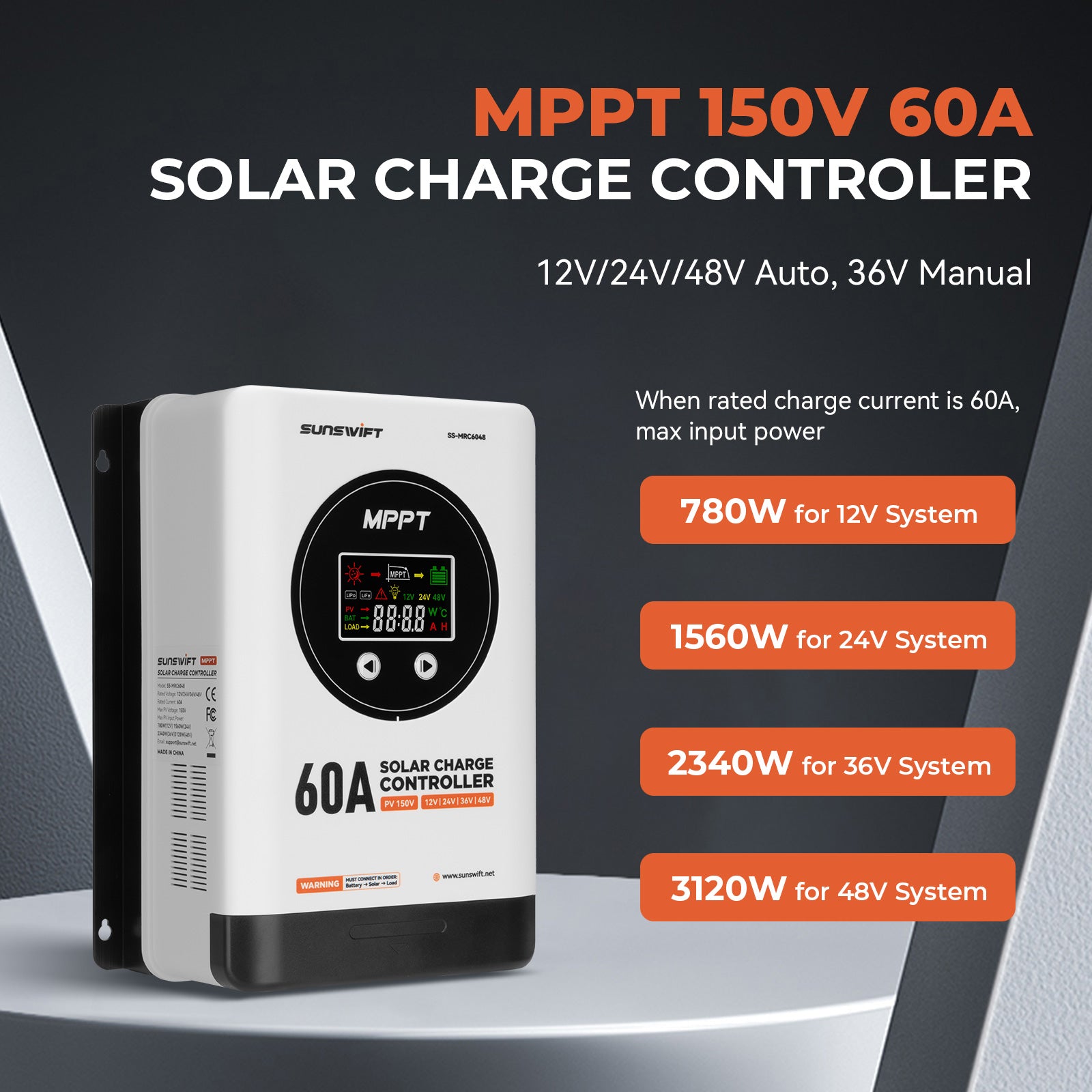 MPPT Solar Charge Controller 12V/24V/36V/48V 60A Max 150V Input, Multi-Functional Solar Controller,Long-Life Compatible with Multiple Types of Batteries for RV, Boat, Off-Grid Cabin