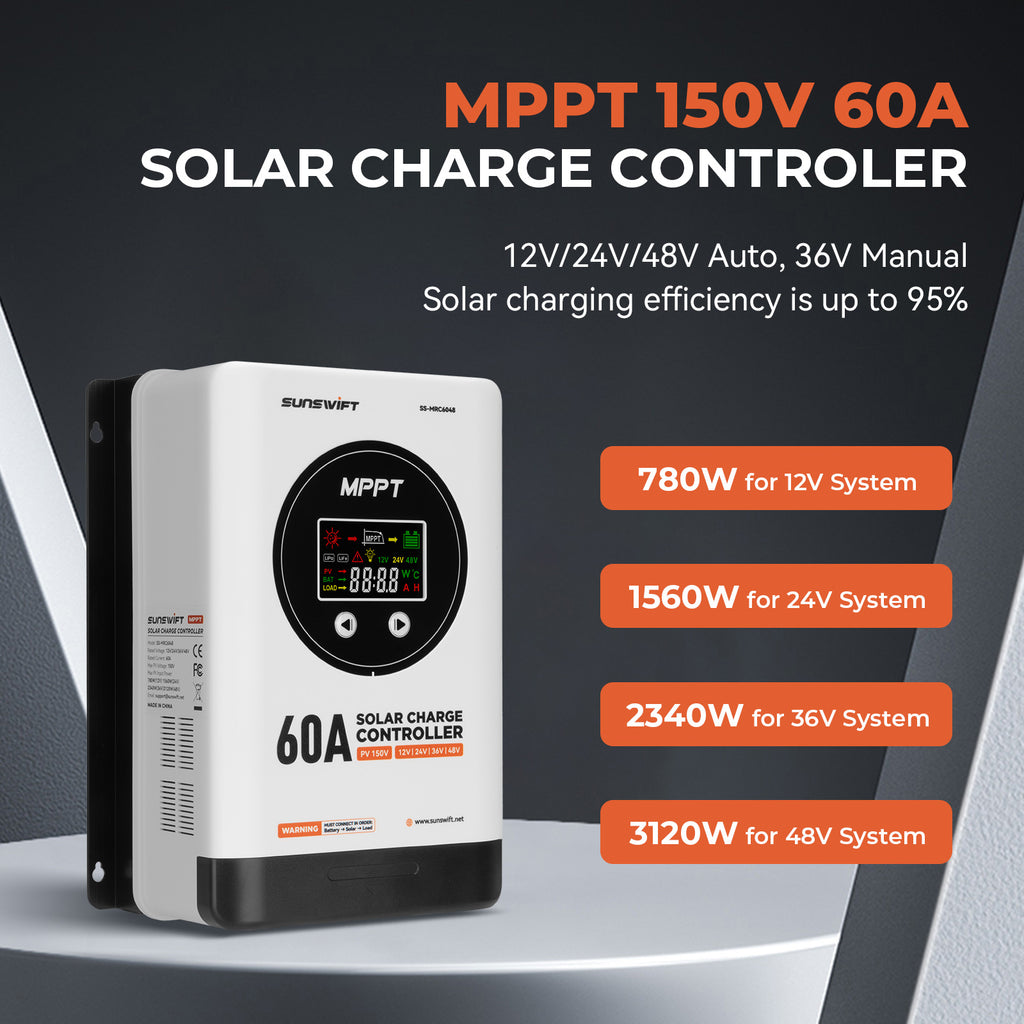 MPPT Solar Charge Controller 12V/24V/36V/48V 60A Max 150V Input, Multi-Functional Solar Controller,Long-Life Compatible with Multiple Types of Batteries for RV, Boat, Off-Grid Cabin