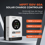 MPPT Solar Charge Controller 12V/24V/36V/48V 60A Max 150V Input, Multi-Functional Solar Controller,Long-Life Compatible with Multiple Types of Batteries for RV, Boat, Off-Grid Cabin