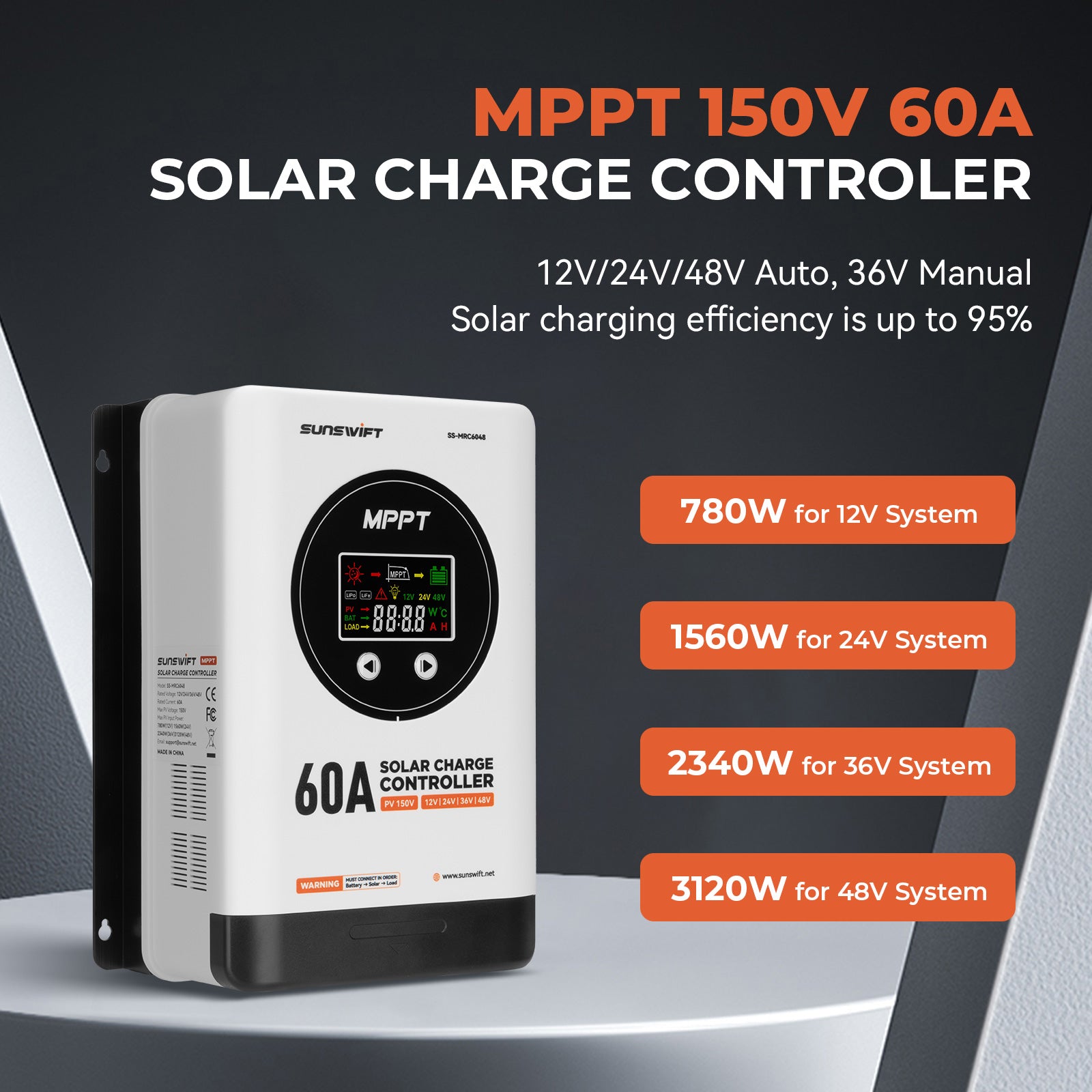 MPPT Solar Charge Controller 12V/24V/36V/48V 60A Max 150V Input, Multi-Functional Solar Controller,Long-Life Compatible with Multiple Types of Batteries for RV, Boat, Off-Grid Cabin
