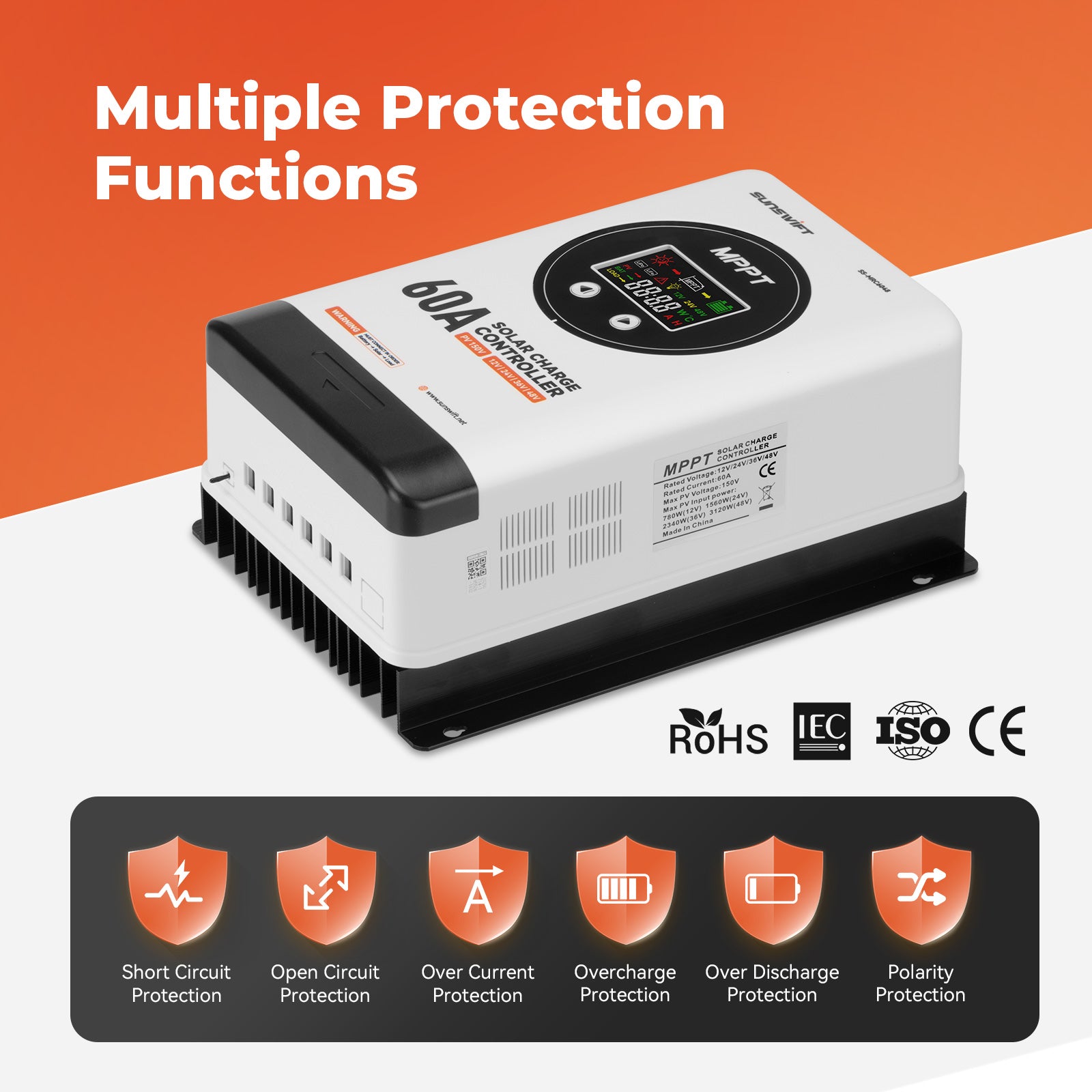 MPPT Solar Charge Controller 12V/24V/36V/48V 60A Max 150V Input, Multi-Functional Solar Controller,Long-Life Compatible with Multiple Types of Batteries for RV, Boat, Off-Grid Cabin